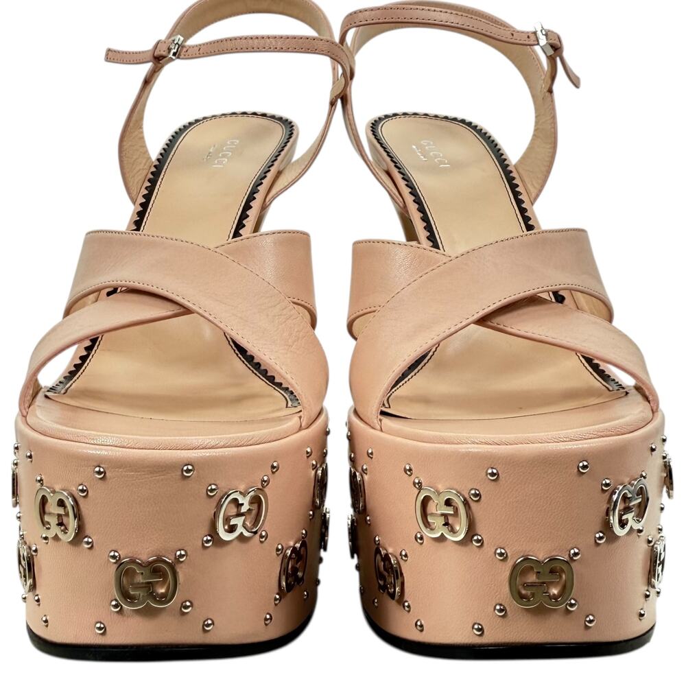 New Gucci Interlocking GG Studded Platfrom Sandals Leather Pink Size 42 - Picture 7 of 10